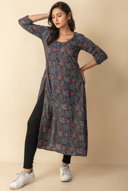 Blue and Maroon Ajrak Slit Long Kurtis Indo Western  Wear