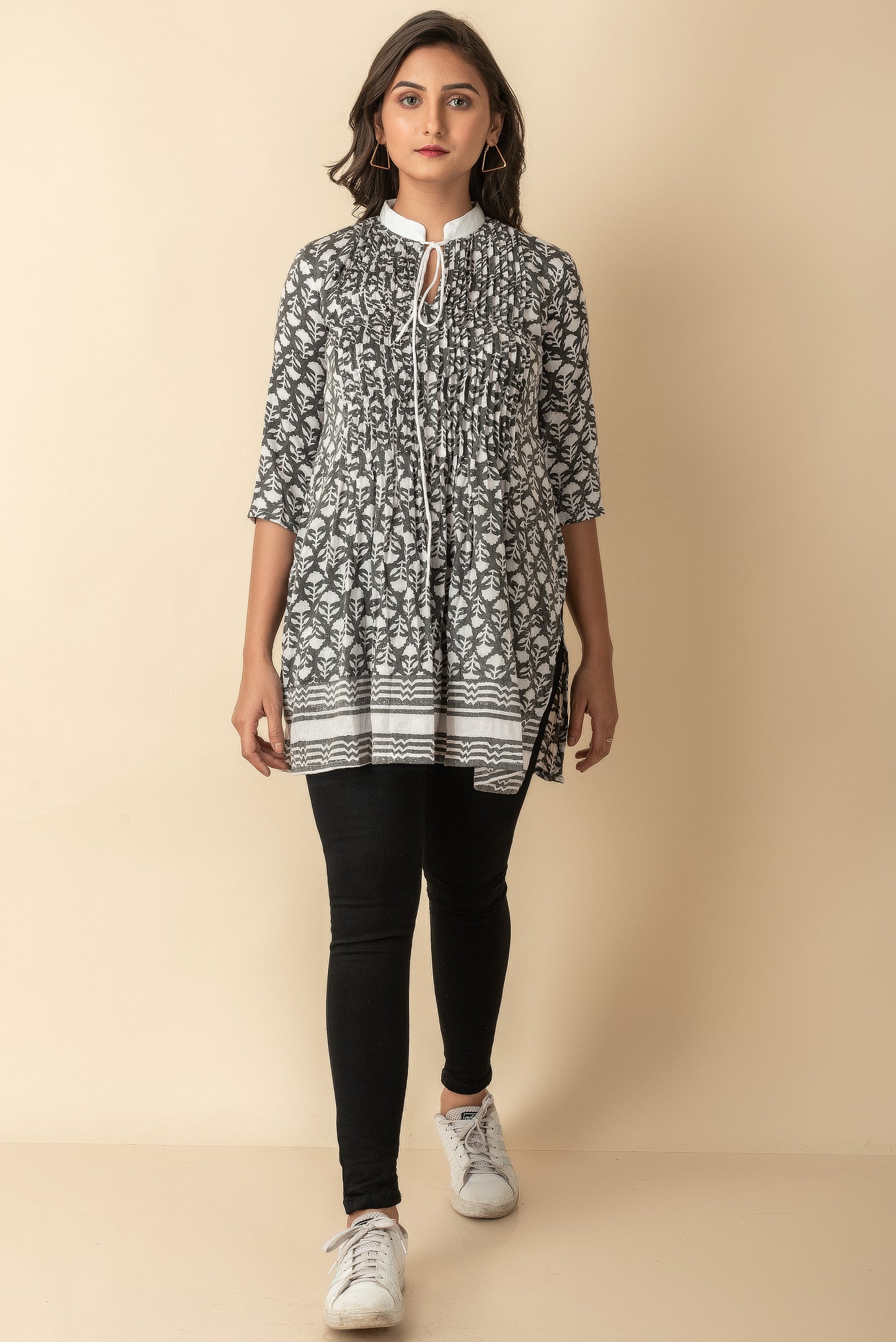 Grey hand block print short cotton kurtis