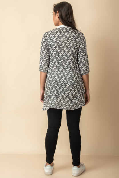 Grey hand block print short cotton kurtis