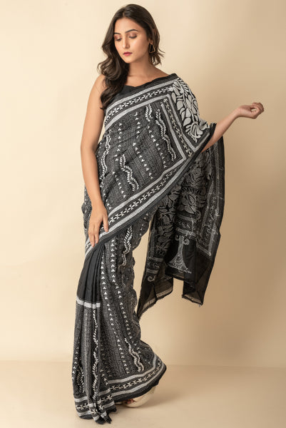 Puja Special Media Screen and Half Silk Saree For Women - White and Black -  SHB1366K