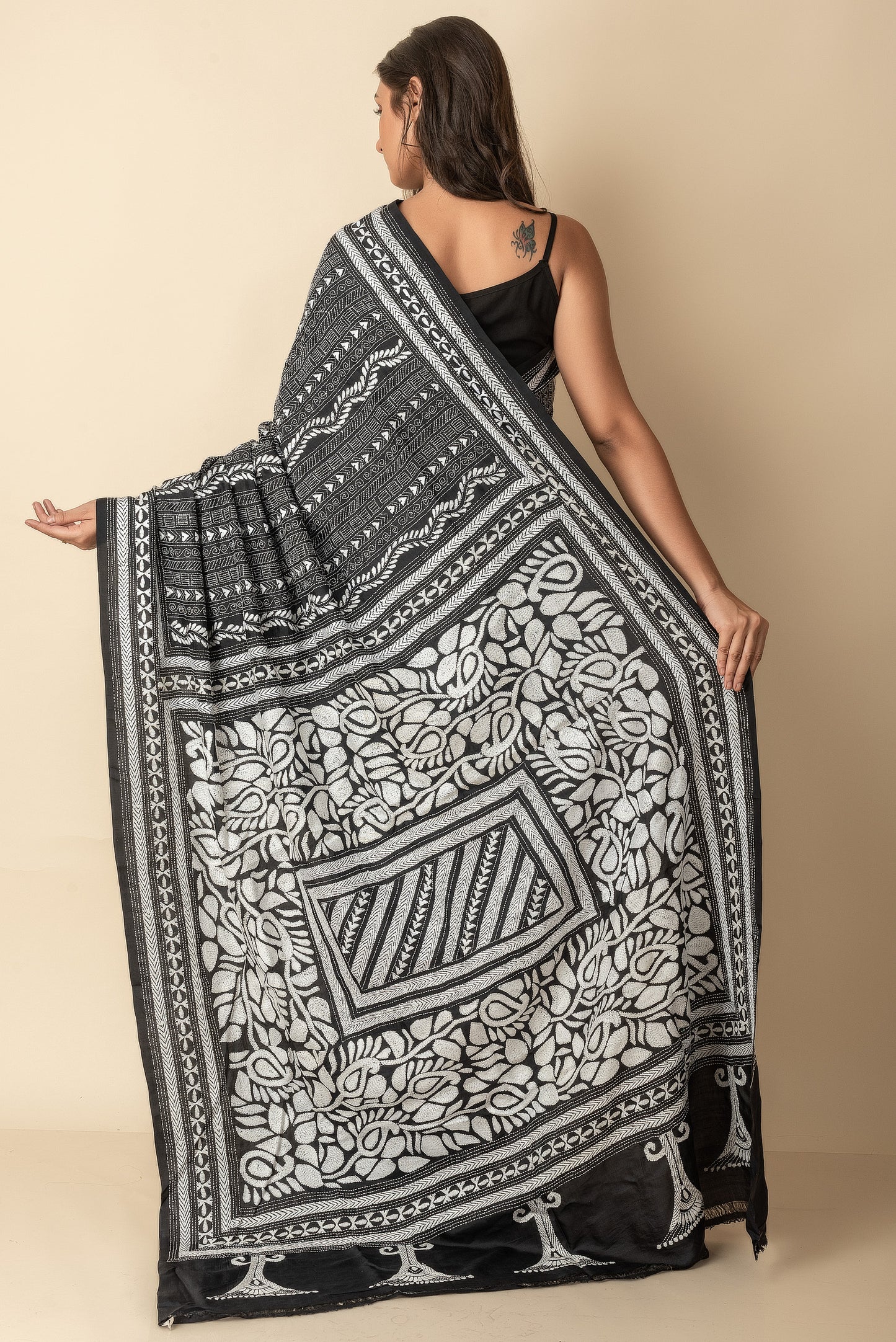 Black and White  Kantha Stitch Silk Saree