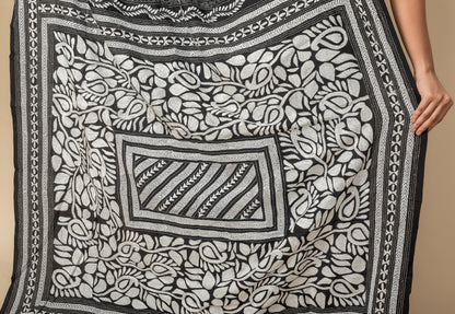 Black and White  Kantha Stitch Silk Saree