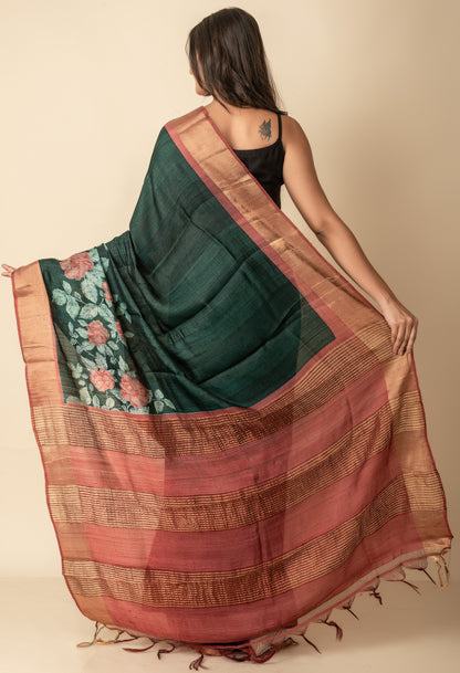 Green Brick Rose Hand Painted Zari Border Pure Silk Mark Certified Tussar Silk Sarees