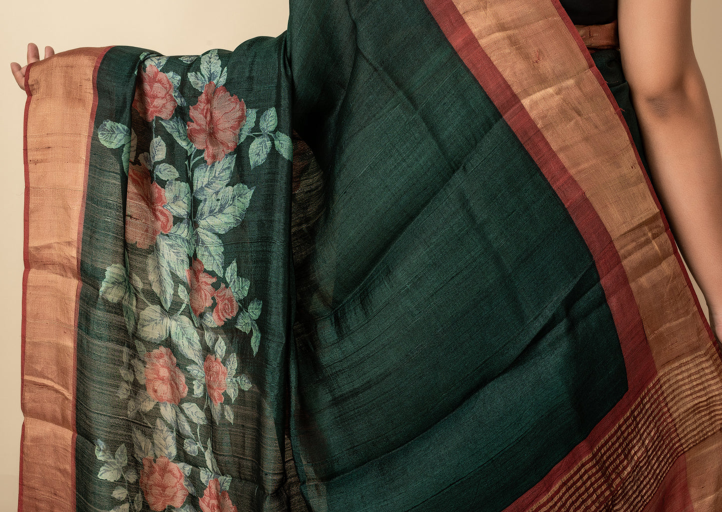 Green Brick Rose Hand Painted Zari Border Pure Silk Mark Certified Tussar Silk Sarees