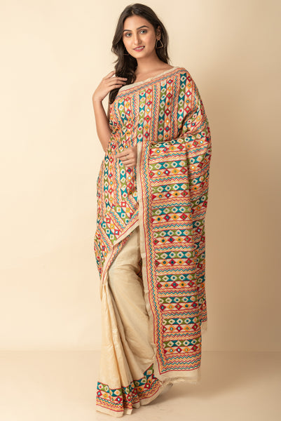 Beige MultiColour Hand Embroidery Kantha Stitch Sarees on Pure Gachi Pure Silk Mark Certified Tussar