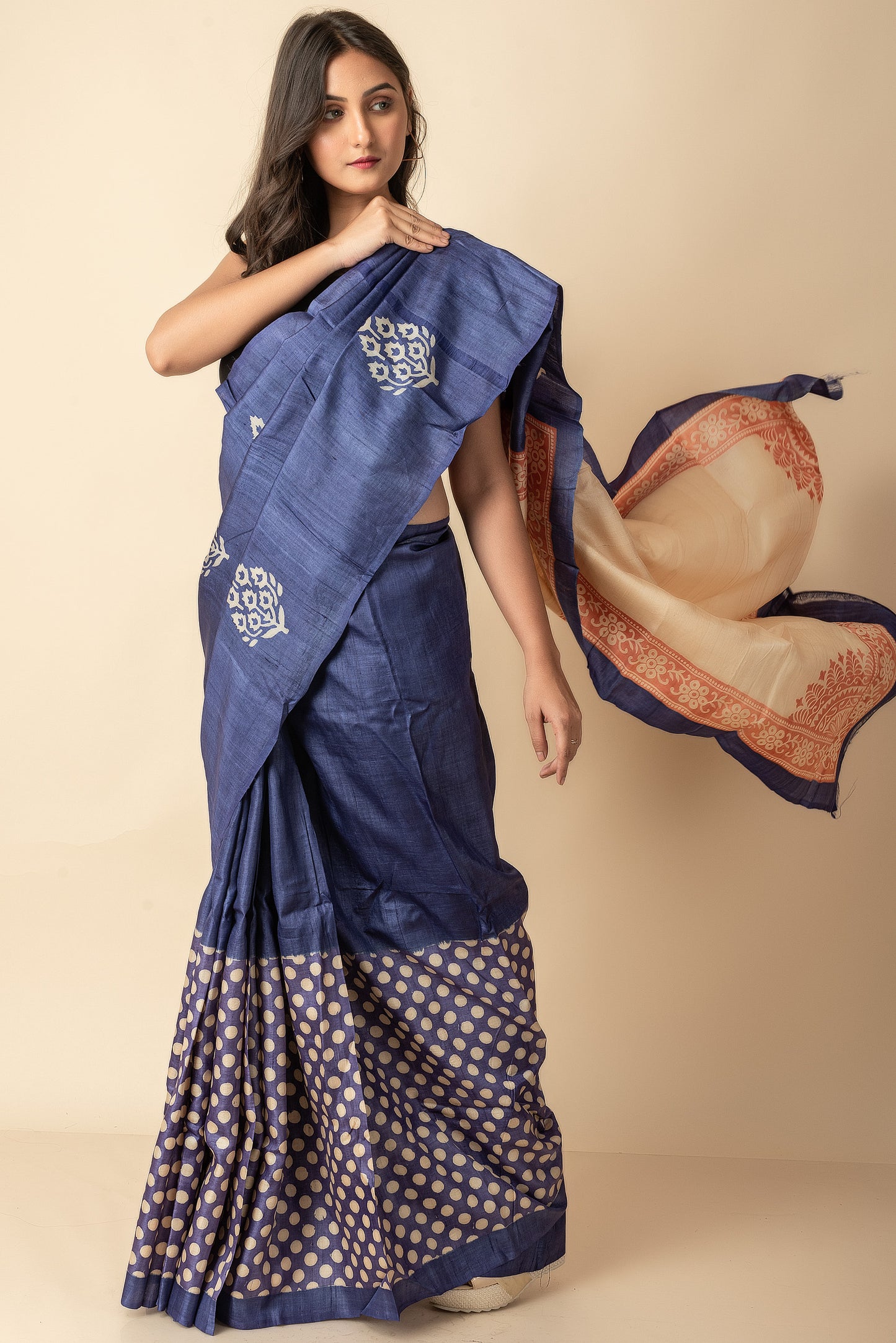 Blue Hand Block Printed Pure Silk Mark Certified Tussar Silk Sarees