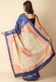 Blue Hand Block Printed Silk Mark Certified Tussar Silk Saree Get Extra 10% Discount on All Prepaid Transaction