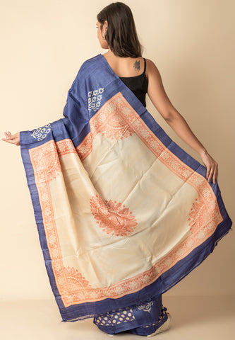 Blue Hand Block Printed Pure Silk Mark Certified Tussar Silk Sarees Get Extra 10% Discount on All Prepaid Transaction