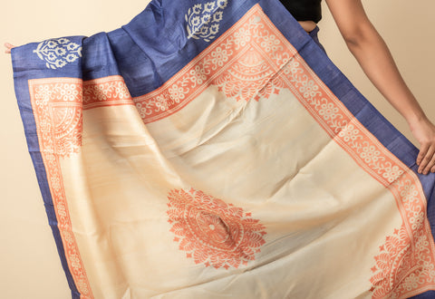 Blue Hand Block Printed Silk Mark Certified Tussar Silk Saree