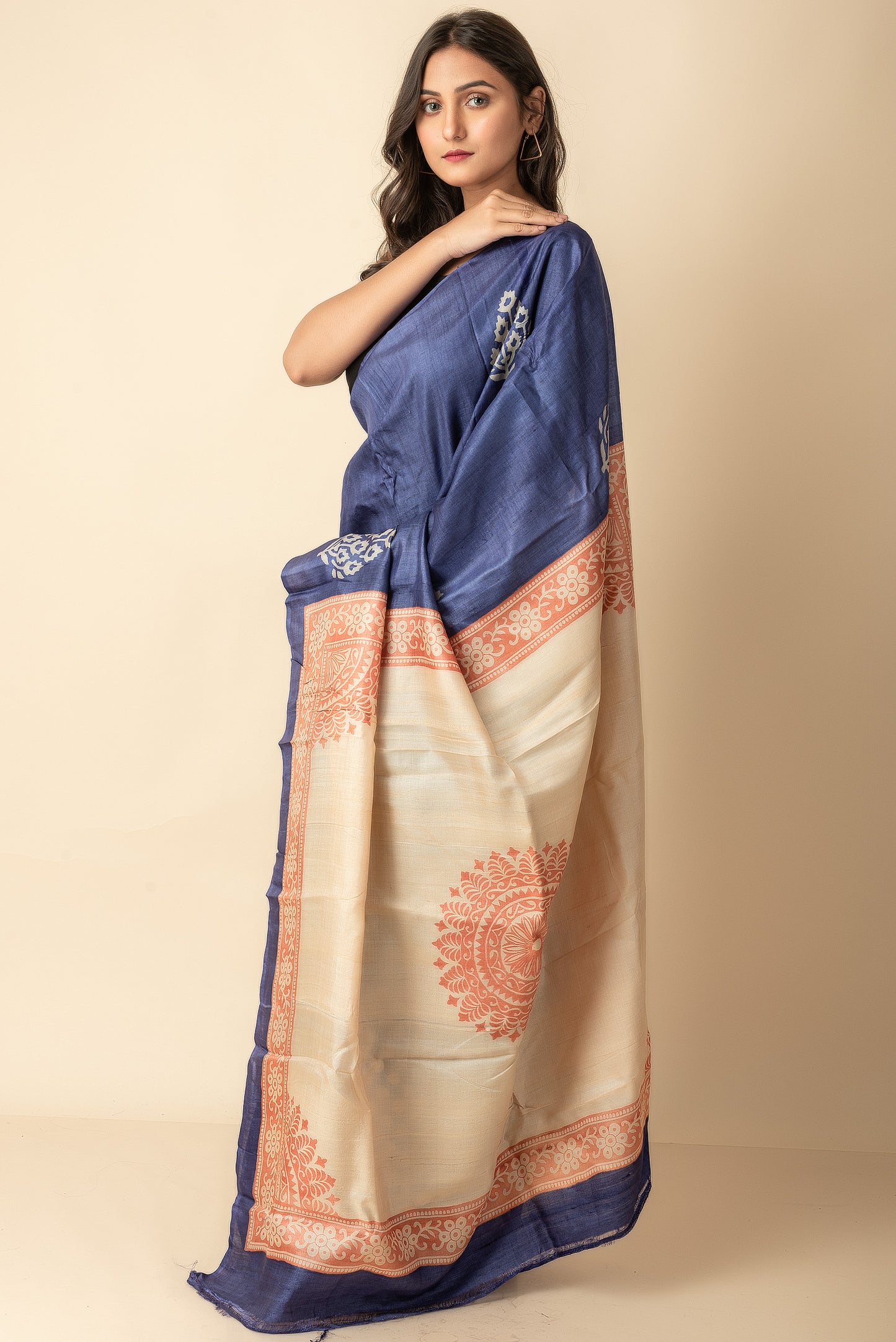 Blue Hand Block Printed Pure Silk Mark Certified Tussar Silk Sarees