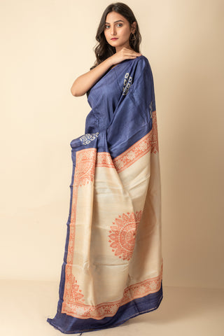 Blue Hand Block Printed Silk Mark Certified Tussar Silk Saree