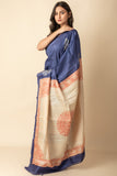 Blue Hand Block Printed Pure Silk Mark Certified Tussar Silk Sarees Get Extra 10% Discount on All Prepaid Transaction
