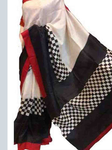 Black & White Block Printed Silk Mark Certified Bishnupuri Silk Sarees