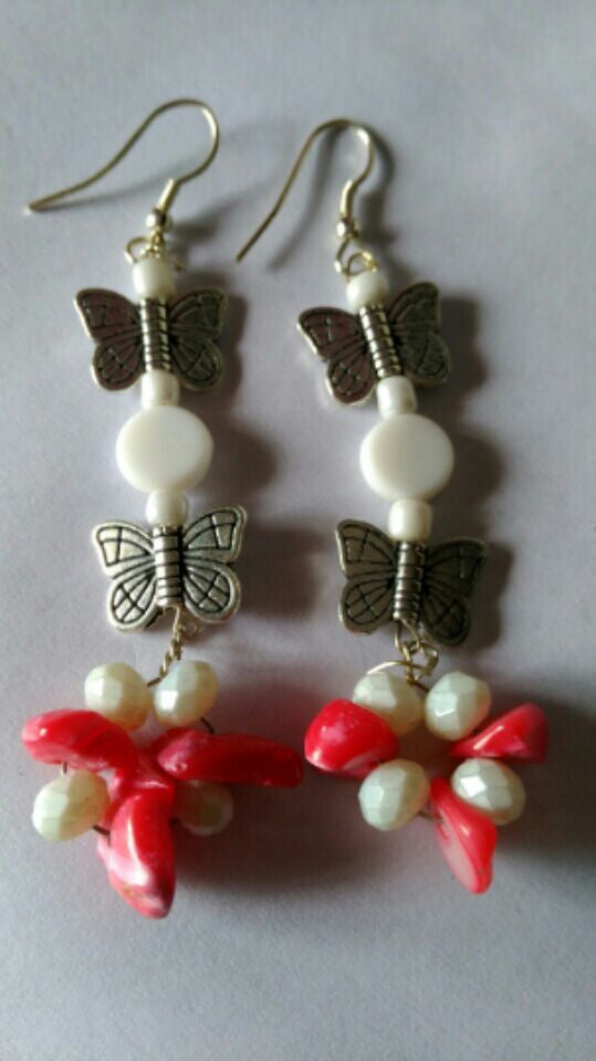 White Red Acrylic Bead & German Silver Combo Earrings