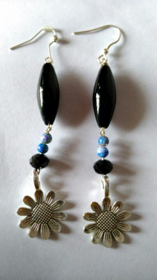 Black Blue Acrylic Bead & German Silver Combo Earrings - Dailybuyys