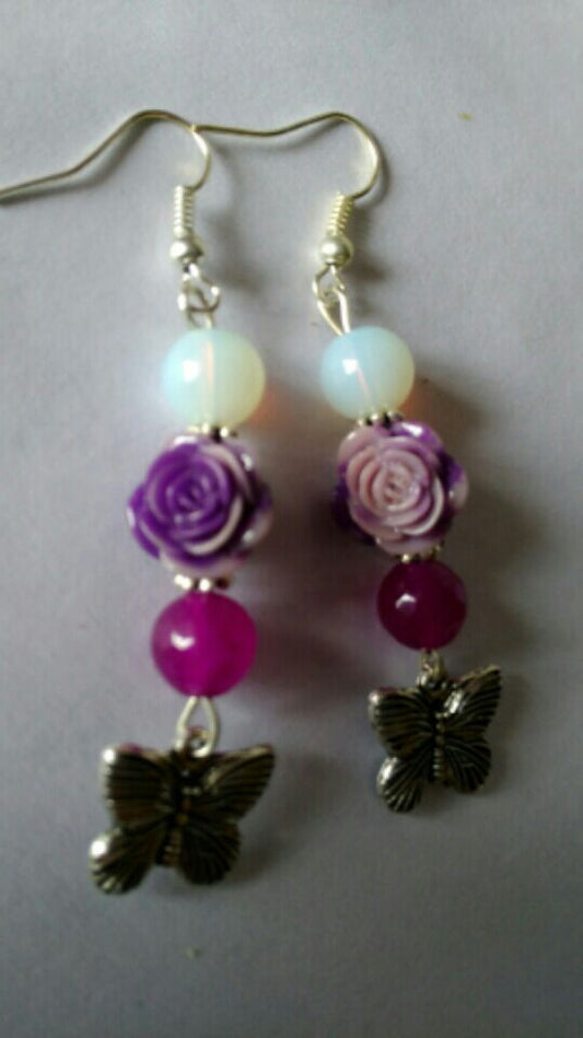 White Violate Acrylic Bead & German Silver Combo Earrings