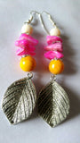 Pink Yellow Acrylic Bead & German Silver Combo Earrings