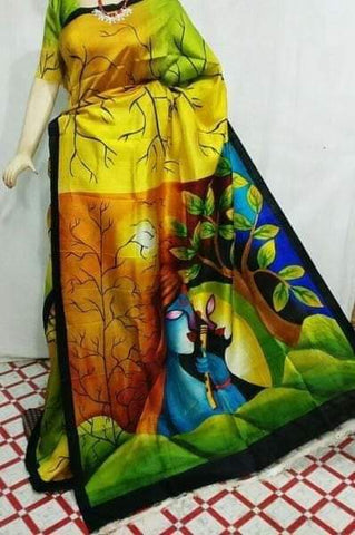 Yellow Hand Painted Pure Silk Mark Certified Bishnupuri Silk Sarees