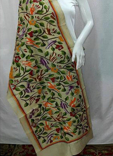 Handpicked Beige & Green Pure Silk Mark Certified Tussar Kantha Stitch Stoles