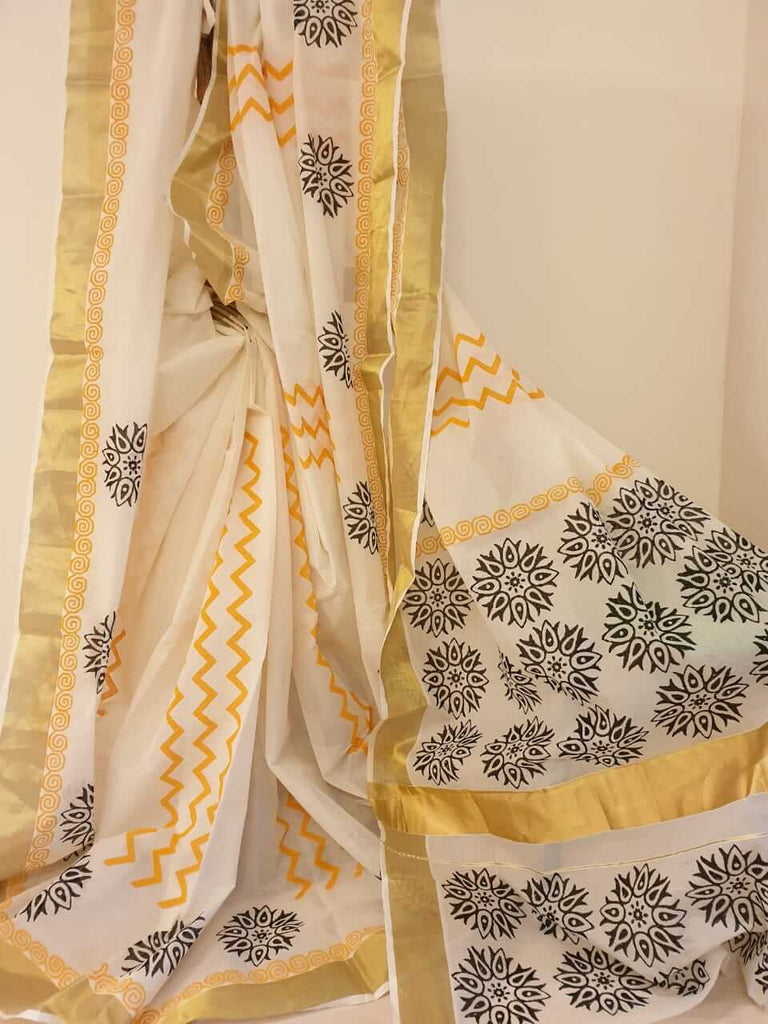 Buy Teejh Anjila White and Gold Kerala Cotton Kasavu Saree with Unstitched  Blouse online
