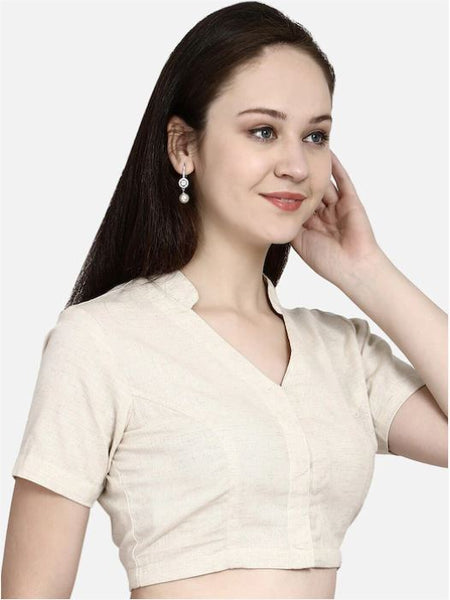 Beige Pure Silk Mark Certified Tussar Silk Collar with V-neck Blouses