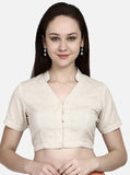 Beige Pure Silk Mark Certified Tussar Silk Collar with V-neck Blouses Get Extra 10% Discount on All Prepaid Transaction