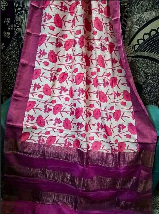 Pink Floral Block Printed Zari Border Pure Silk Mark Certified Tussar Silk Sarees