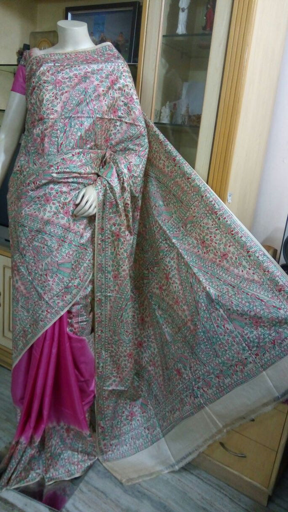 Pink Pure Silk Mark Certified Tussar Silk Madhubani Sarees