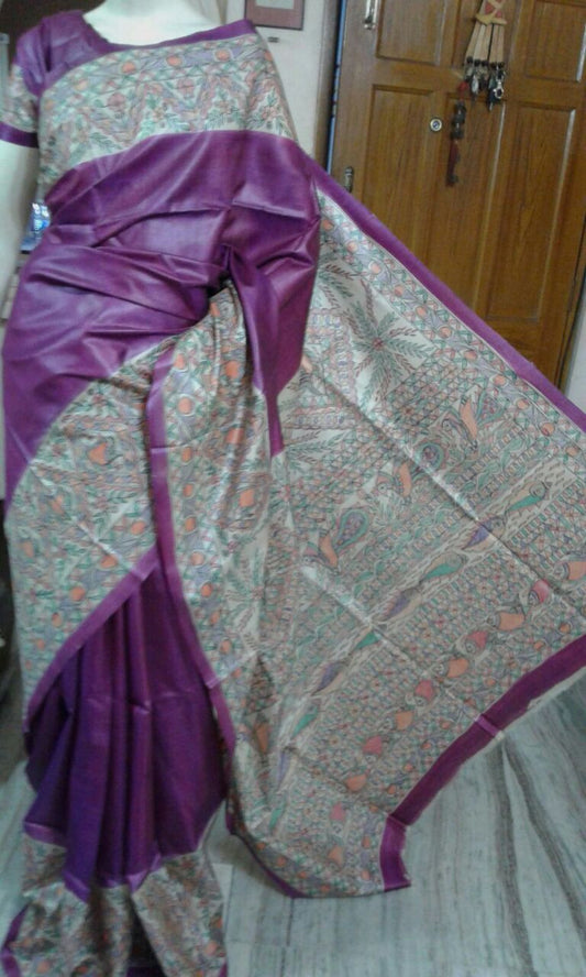 Violet Pure Silk Mark Certified Tussar Silk Madhubani Sarees