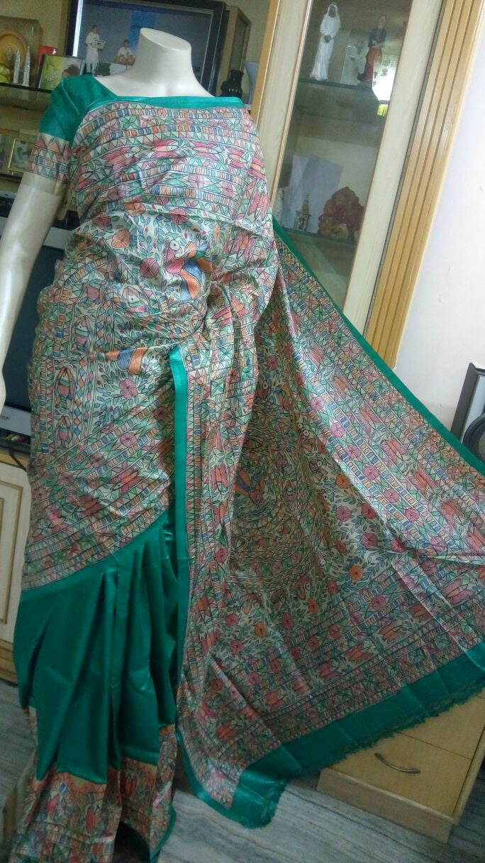 Green Pure Silk Mark Certified Tussar Silk Madhubani Sarees