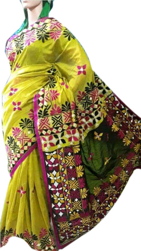 Greenish Yellow Design Bangladeshi Pure Cotton Kathiawari Sarees