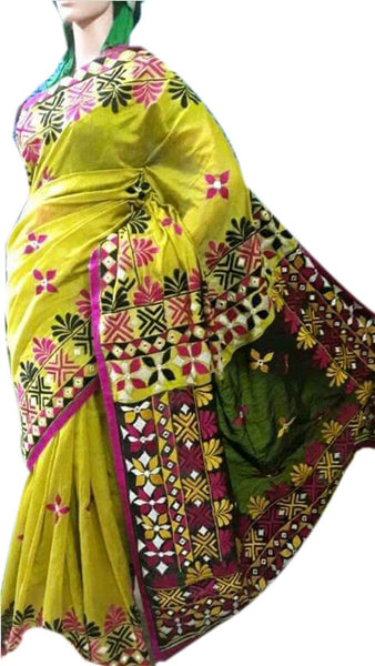 Greenish Yellow Design Bangladeshi Pure Cotton Kathiawari Sarees