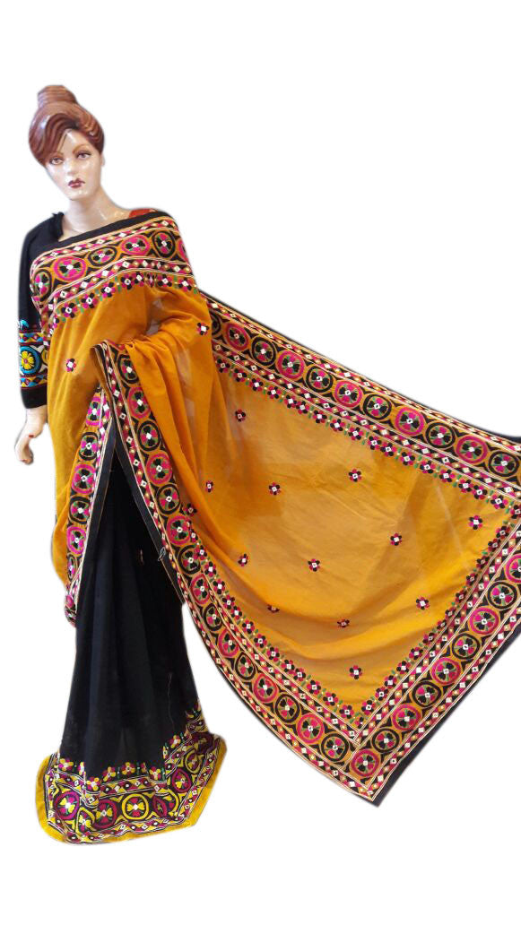 Yellow & Black Design Bangladeshi Pure Cotton Kathiawari Sarees