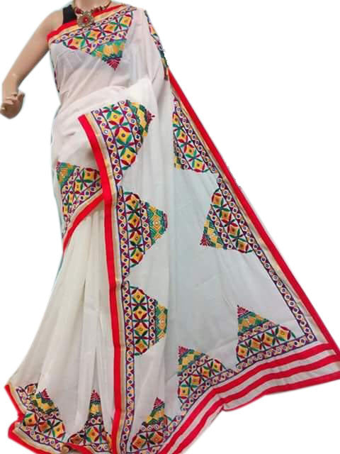 White Bangladeshi Pure Cotton Kathiawari Sarees