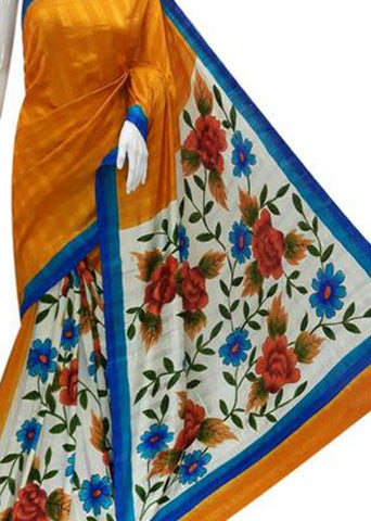 Yellow Hand Painted Pure Silk Mark Certified Bishnupuri Silk Sarees