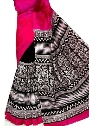 Pink & Black Pure Silk Mark Certified Murshidabad Silk Sarees