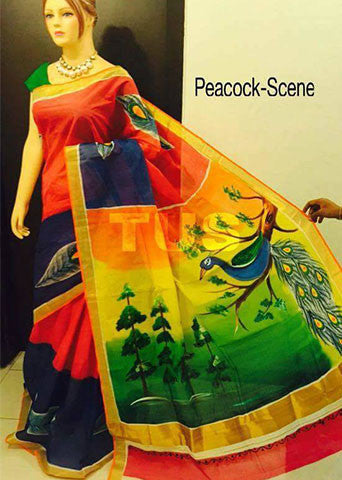 Yellow Red Kerala Pure Cotton Sarees - Dailybuyys