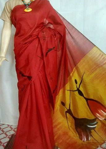 Red Handloom Resom Hand Print Collection