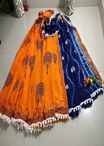 Orange Blue Bagru Printed Pure Cotton Sarees - Dailybuyys