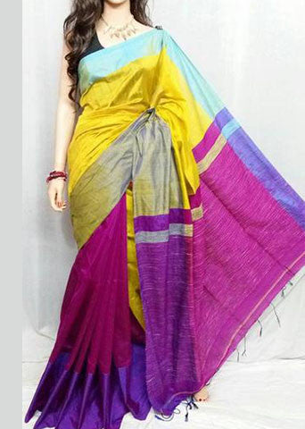 Yellow & Magenta Mahapar Pure Cotton Silk Sarees - Dailybuyys