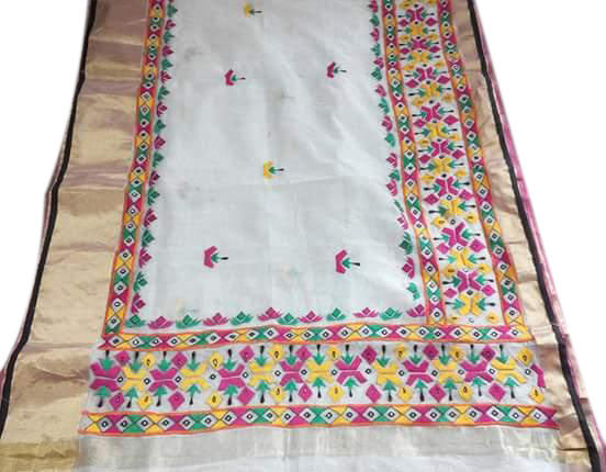 White & Golden Design Bangladeshi Pure Cotton Kathiawari Sarees