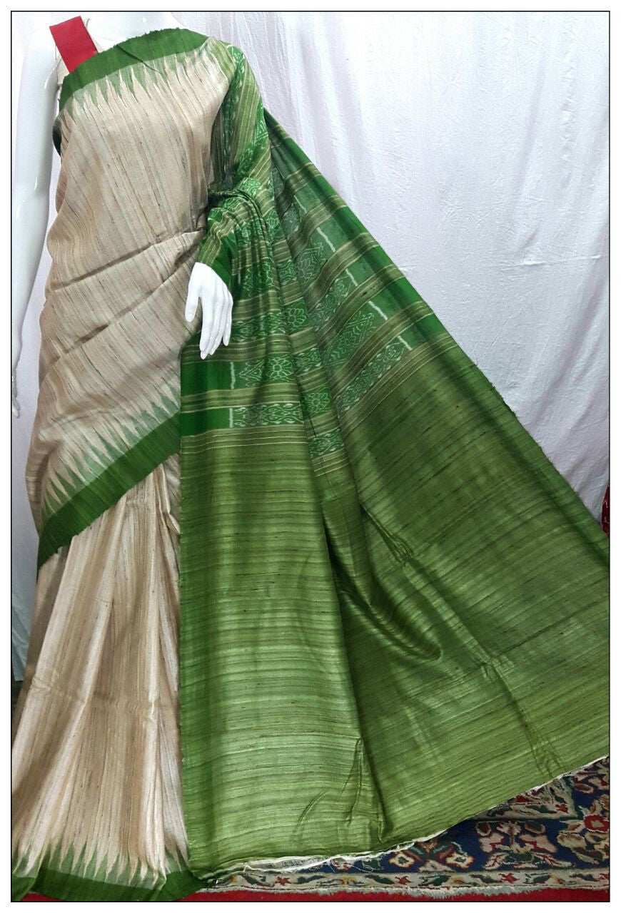 Off White Green Ghicha Sambalpuri Ikkat Sarees