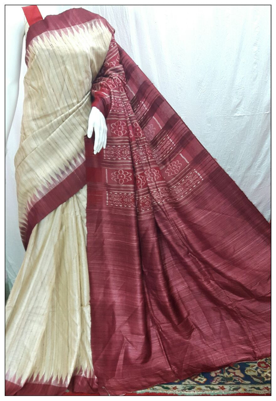 Off White Maroon Ghicha Sambalpuri Ikkat Sarees