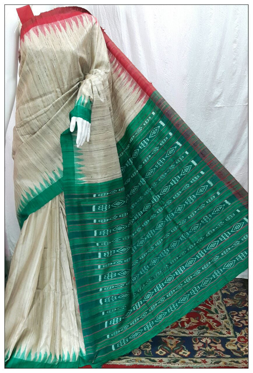 Off White Green Ghicha Sambalpuri Ikkat Sarees