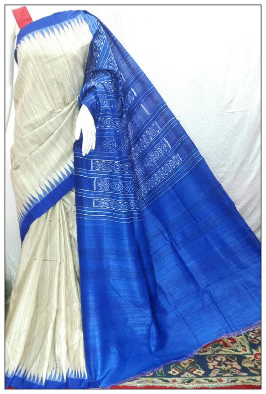 Off White Blue Ghicha Sambalpuri Ikkat Sarees