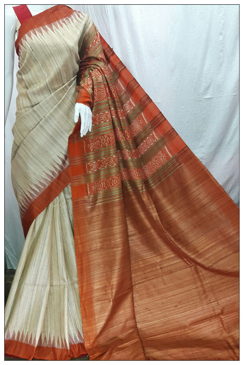 Off White Orange Ghicha Sambalpuri Ikkat Sarees