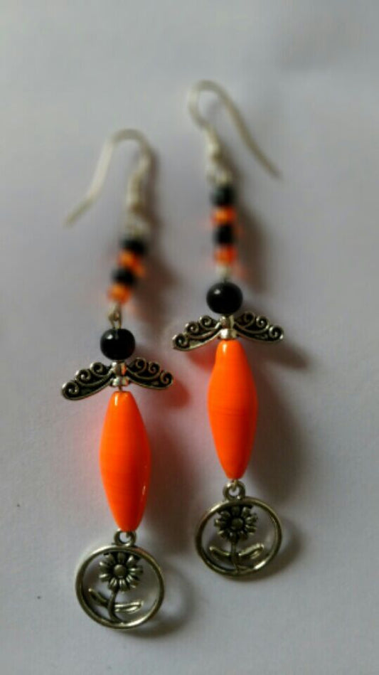 Orange Black Acrylic Bead & German Silver Combo Earrings