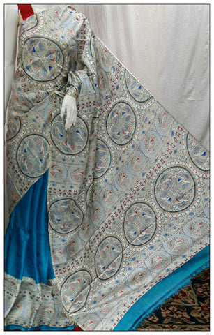 Blue and Beige Pure Silk Mark Certified Tussar Silk Madhubani Sarees