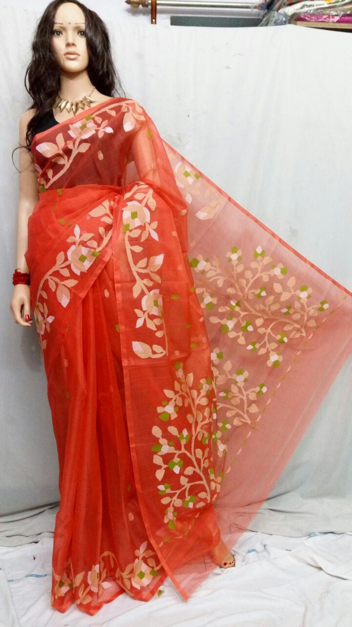 Light Red Pure Silk Mark Certified Muslin Sarees