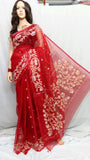 Red Pure Silk Mark Certified Muslin Sarees Get Extra 10% Discount on All Prepaid Transaction